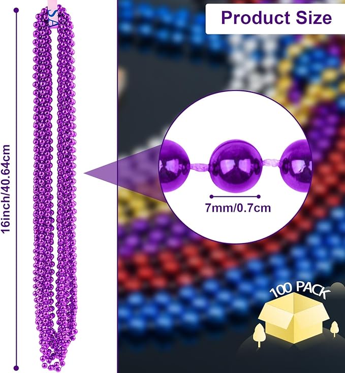 ZYFLSQ 100 Pcs 33" 7mm Metallic Purple Beads Necklaces, Bulk Mardi Gras Beaded Necklaces, Party Beads Costume Necklaces (Purple)