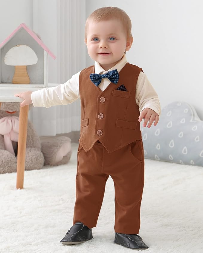 DISAUR Baby Boy Clothes Toddler Boy Outfits 4PCS Gentleman Dress Romper/Vest/Pants/Bow Tie Cotton Suit Sets