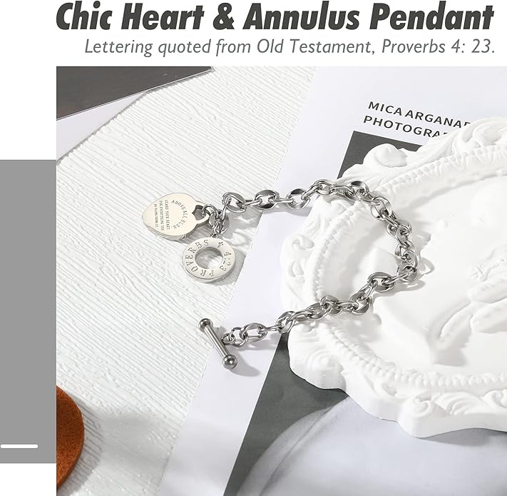 Emibele Heart Charm Bracelet for Women, Bible Verse Bracelet Stainless Steel 18K Gold Plated Bracelet Love Pendant Link Chain OT Clasp, Birthday Christmas Jewelry Gift for Mother Her