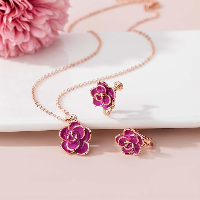 Dainty Rose Flower Pendant Necklace Clip On Earrings Set for Women 14K Gold Plated Hypoallergenic Jewelry Sets