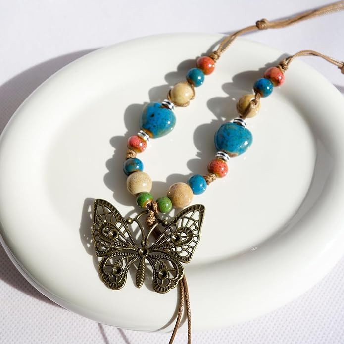 Boho Style Colorful Ceramic Bead Strand Necklace Adjustable Bohemian Jewelry Gift for Women, Fashion Clothing Matching Necklace