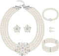 Glenmal Pearl Rhinestone Jewelry Set for Women Pearl Necklace Bracelet Earrings for Wedding Birthday Bridal Shower Tea Party