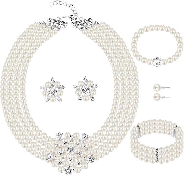Glenmal Pearl Rhinestone Jewelry Set for Women Pearl Necklace Bracelet Earrings for Wedding Birthday Bridal Shower Tea Party
