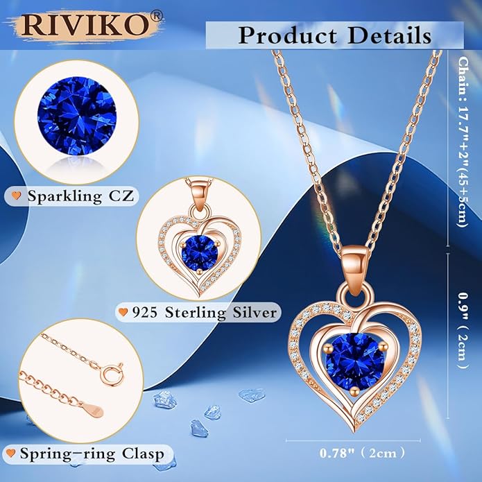 RIVIKO Heart Birthstone Pendant Necklace for Women 925 Sterling Silver Zirconia Necklaces Valentine's Day Anniversary Birthday Mothers Day Jewelry Gifts For Her Mother Wife