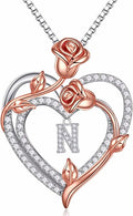 Iefil Rose Heart Necklaces Gifts for Women, 925 Sterling Silver Rose Heart Initial Letter Necklace for Her Mom Wife Girlfriend