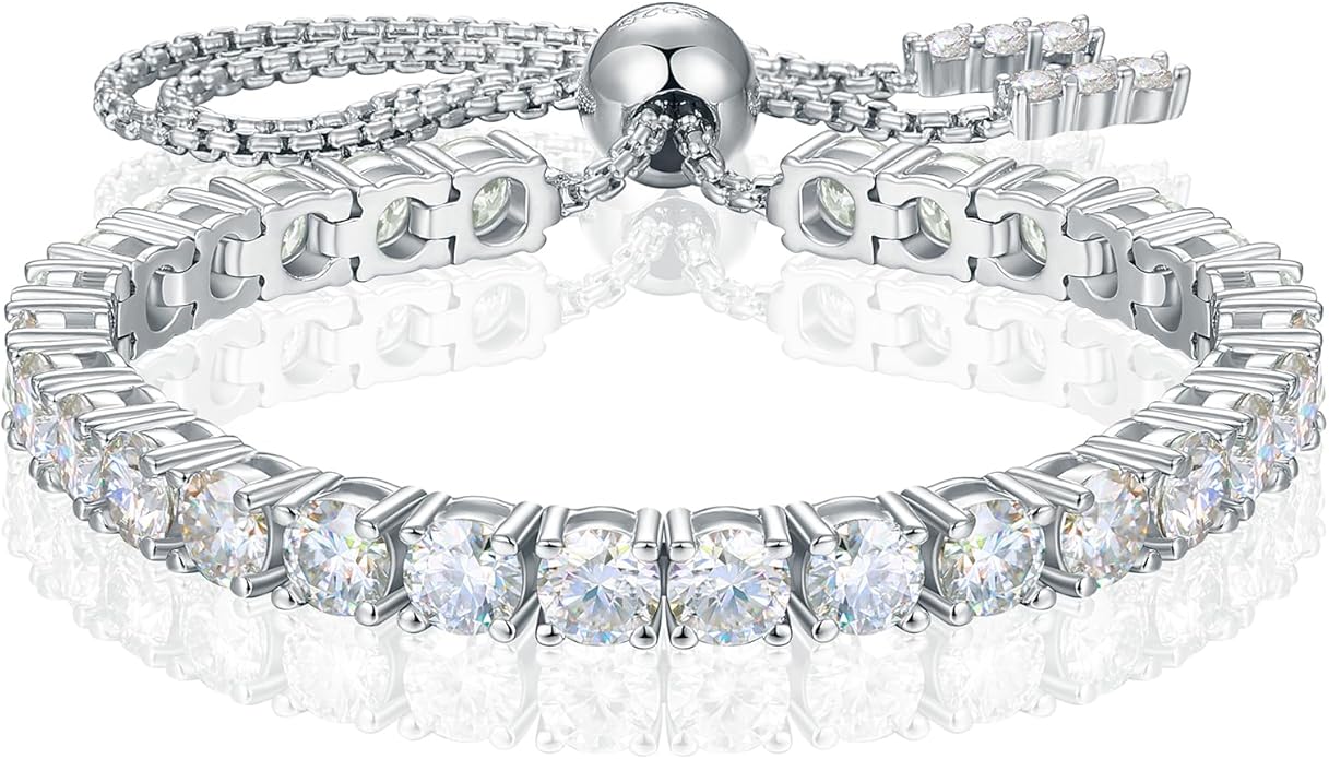 Moissanite Tennis Bracelet 1.79ct-8.69ct Adjustable Bracelet for Women 18K White Gold Plated S925 Sterling Silver Tennis Bracelet D Color VVS1 Round Cut 2/3/4mm Moissanite Bracelet Gifts for Wife/Mom