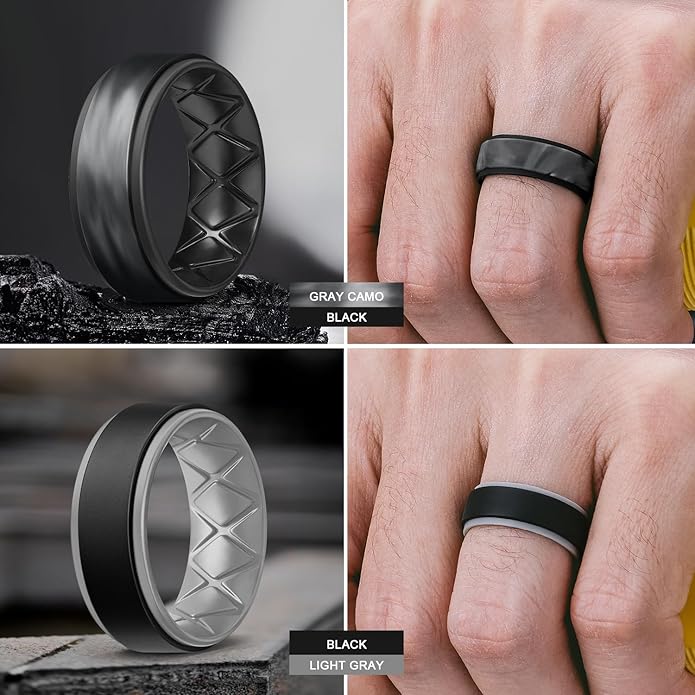 Egnaro Silicone Rings for Men 1/4/5/6/7 Multipack of Breathable Mens Silicone Rubber Wedding Rings Bands - Step Edge
