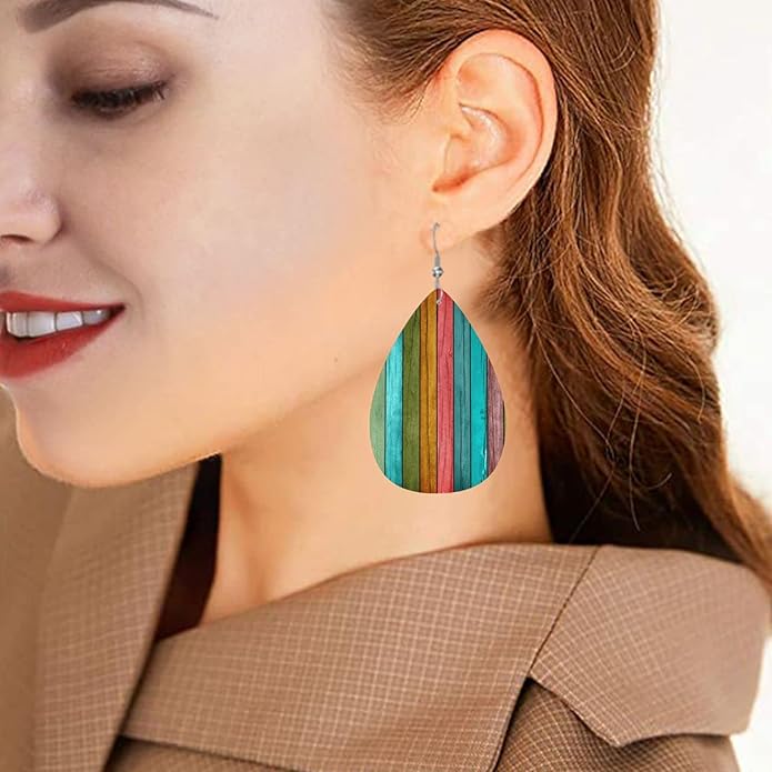 Vintage Wood Wooden Print Faux Leather Teardrop Earrings for Women Drop Dangle Earrings