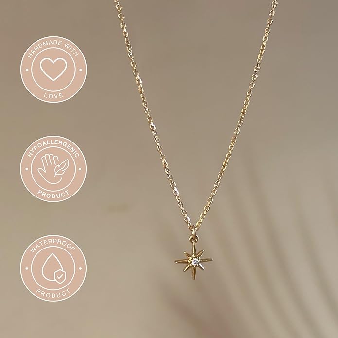 Annika Bella Sterling Silver Star Necklace for Women, Length 15-17 Inches, Tiny Cubic Zirconia North-Star Charm Pendant Necklace, Waterproof, Celestial Jewelry Gift for Her