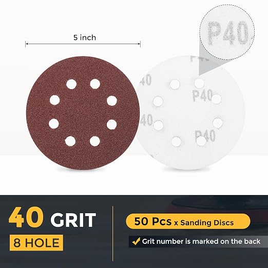 HARFINGTON 50 Pcs 5 Inch Sanding Discs 40 Grit Red Aluminum Oxide 8 Hole | Hook - Image 2