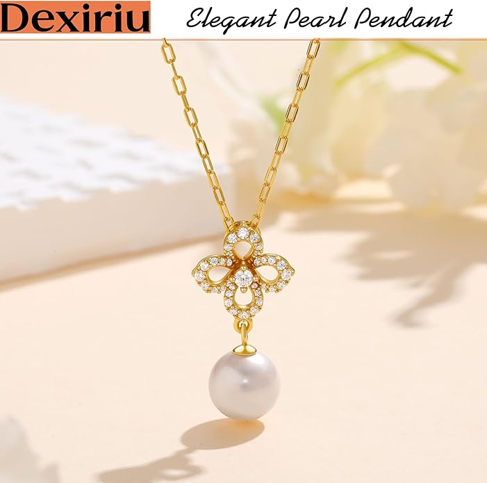 Pearl Necklace for Women with 14K Gold Plated S925 Silver & Butterfly Pendant Necklace, 17.7"+2" Chain Length, Gift for Birthday, Mothers Day, Christmas, Anniversary, Graduation