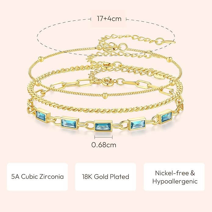 Gold Birthstone Bracelet for Women, 18K Gold Plated Layered Jewelry Bracelet Set, Womens Dainty Stackable Bracelets Link Paperclip Chain Valentines Day Gift for Wife Her