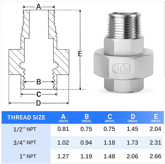 ChillWaves 304 Stainless Steel Cast Pipe Fitting, Union，1" NPT Male x 1" NPT - Image 2