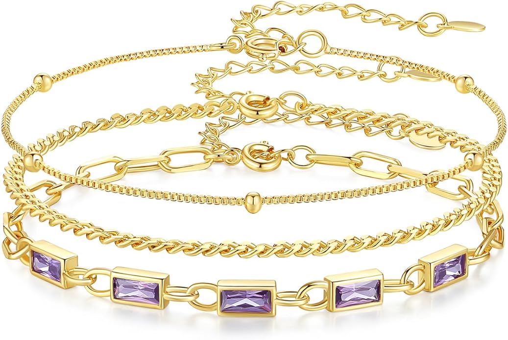 Gold Birthstone Bracelet for Women, 18K Gold Plated Layered Jewelry Bracelet Set, Womens Dainty Stackable Bracelets Link Paperclip Chain Valentines Day Gift for Wife Her