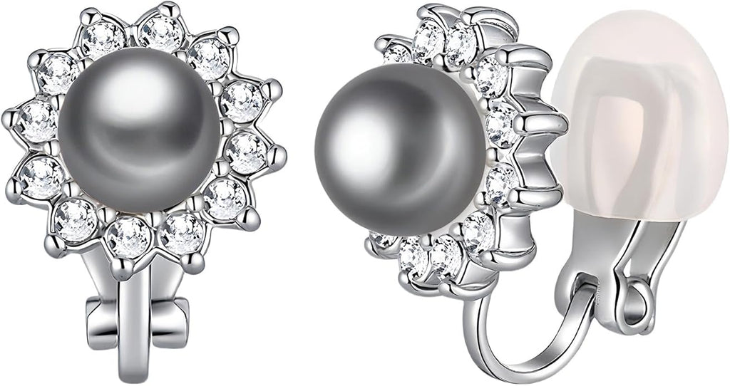 EVEVIC Austrian Crystal Pearl Clip On Earrings for Women Non Pierced Earings 14K Gold Plated Hypoallergenic Jewelry