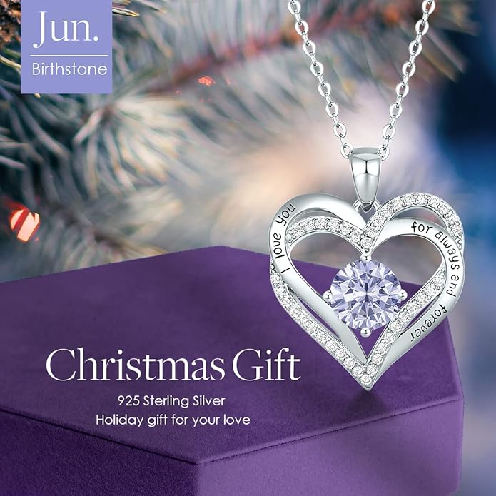 CDE Valentine's Day Gift Forever Love Heart Necklaces for Women, Wedding Anniversary, Birthday Mothers Christmas Day Gifts for Mom, Mother, Wife, S925 Silver Jewelry with Birthstone Pendant