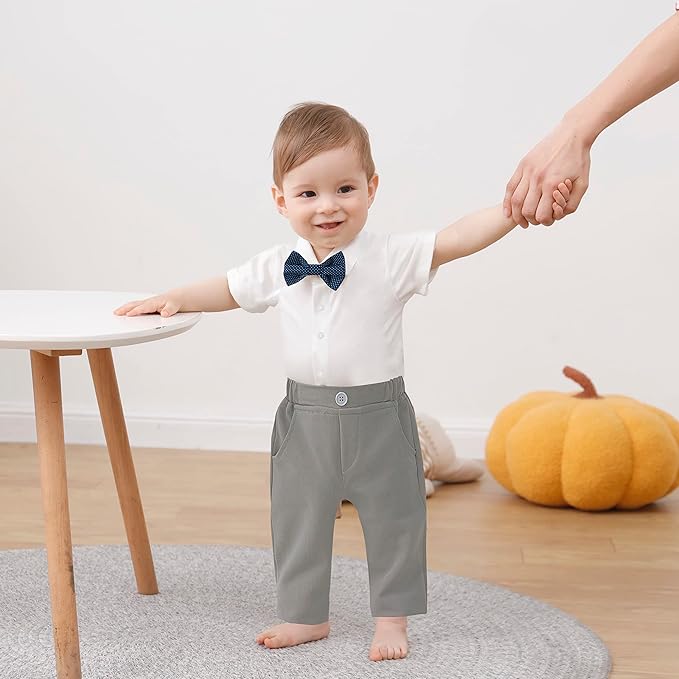 DISAUR Baby Boy Clothes Toddler Boy Outfits 4PCS Gentleman Dress Romper/Vest/Pants/Bow Tie Cotton Suit Sets