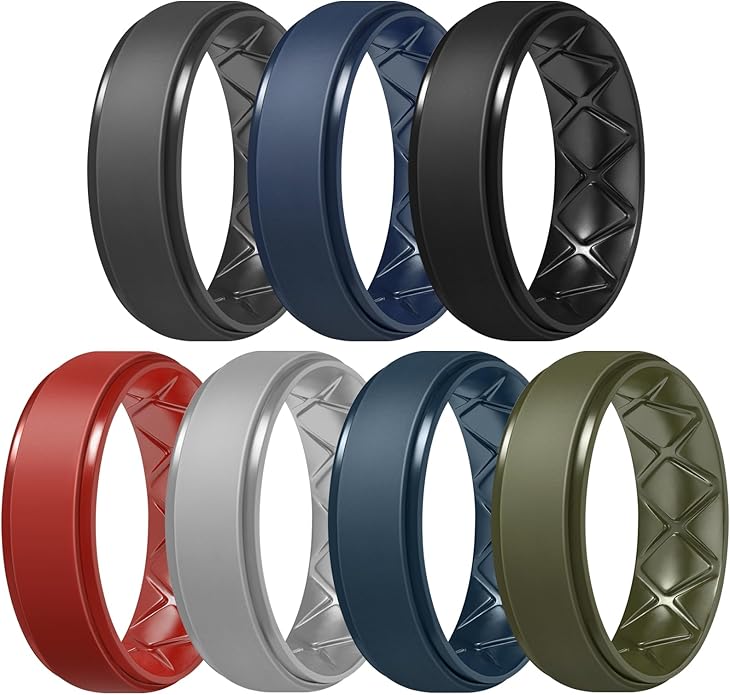 Egnaro Men's Rings 8.5mm Wide-2mm Thick Inner Arc Ergonomic Breathable Rubber Wedding bands-Hypoallergenic for Gym/Outdoor/Gift((1-7 Variety Pack with Half Size)
