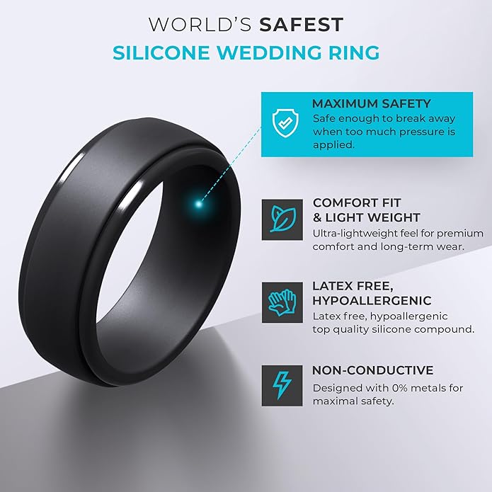 ThunderFit Silicone Rings for Men - 7 Rings / 4 Rings / 1 Ring Step Edge Rubber Wedding Bands 10mm Wide - 2.5mm Thick