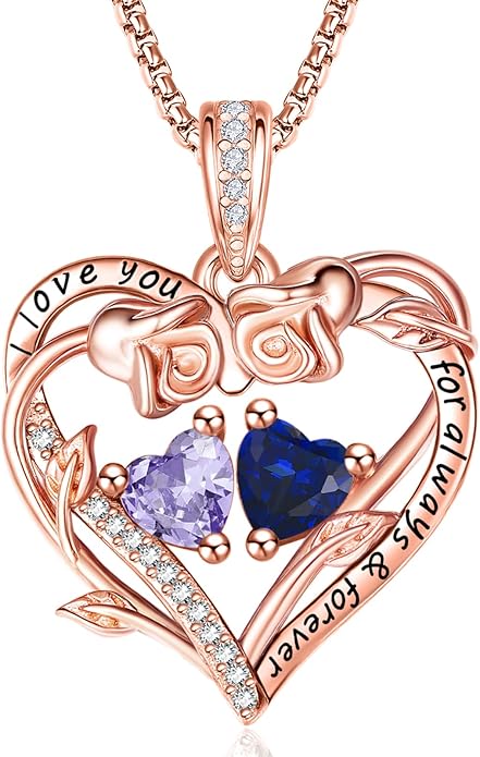 Rose Heart Necklaces for Women, Rose Gold Forever Love Jewelry with 2 Birthstones Pendant,Valentines Anniversarry Birthday Gifts for Her Wife Mom Grandma Daughter, 18+2 Inch Chain
