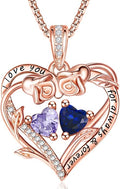 Rose Heart Necklaces for Women, Rose Gold Forever Love Jewelry with 2 Birthstones Pendant,Valentines Anniversarry Birthday Gifts for Her Wife Mom Grandma Daughter, 18+2 Inch Chain
