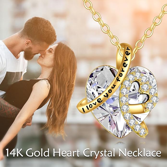 KECHO 14K Real Gold I Love You Forever Necklace Solid Yellow Gold Heart Birthstone Crystal Pendant Jewelry Birthday Mother's Day Anniversary Christmas Gifts for Women