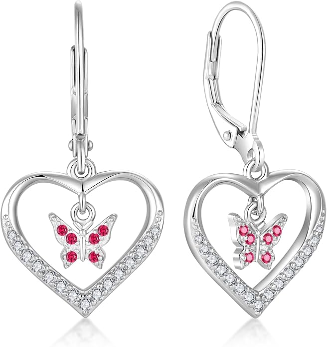 Butterfly Birthstone Heart Dangle Drop Earrings, 925 Strlings Silver 5A Cubic Zircon Leverback Earrings Jewelry Anniversary Birthday Gifts for Women