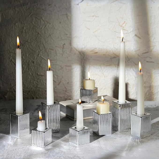 LETINE 12pcs Silver Vertical Stripe Glass Candlestick Holders by LETINE