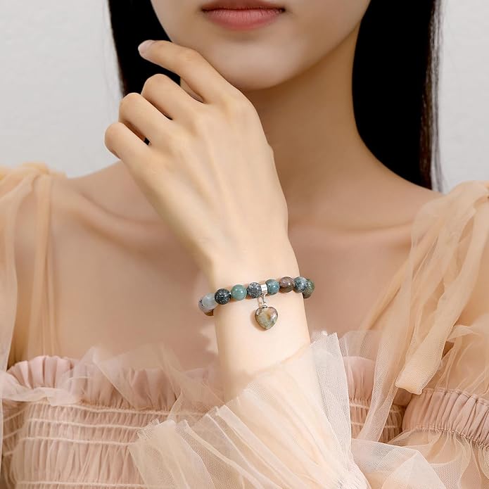 MAIBAOTA Healing Crystal Bracelet for Women, 8 mm Natural Gemstone Beaded Bracelet, Love Heart Bracelet Jewelry Gifts for Birthday Mothers Day Valentine's Day Anniversary