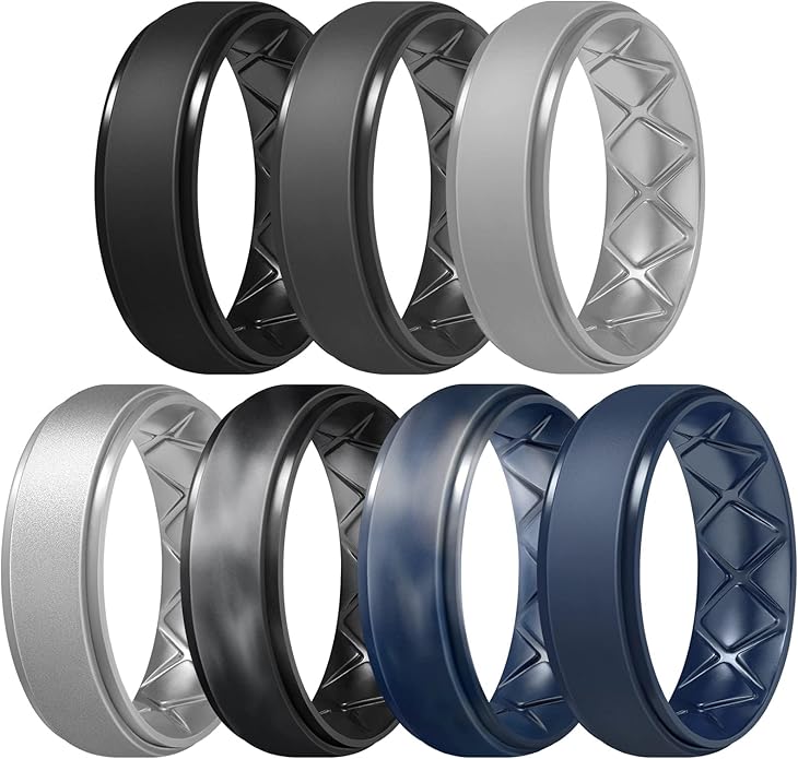 Egnaro Men's Rings 8.5mm Wide-2mm Thick Inner Arc Ergonomic Breathable Rubber Wedding bands-Hypoallergenic for Gym/Outdoor/Gift((1-7 Variety Pack with Half Size)