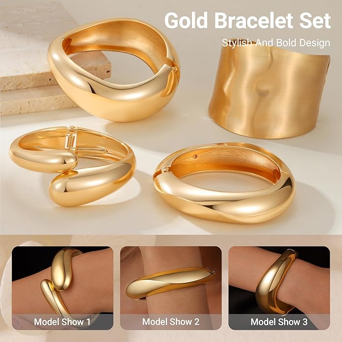 Chunky Gold Bangle Bracelets for Women, Premium Zamak 3 Alloy with 14K PVD Vacuum-Ion Plating & Electrophoretic Finish, Ideal for Parties, Weddings, Christmas & Valentine’s Day Gifts