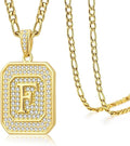 Initial Letter Pendant Necklace for Men Women, 14K Gold Square Monogram Alphabet Necklace with Figaro Chain, Valentines Day Birthday Gifts for Him Her