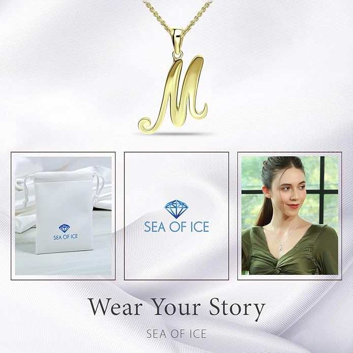 SEA OF ICE Letter Initial Necklace, Alphabet Letter Pendant Necklace, Sterling Silver, Gold, Rose Gold Necklace for Women, Elegant Initial Necklaces, Personalized Custom Women's Necklaces