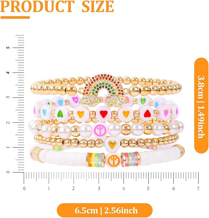 Bohemian Colorful Beaded Bracelets for Women Boho Stackable Natural Stone Letter Clay Glass Beads Stretch Bracelet Set with Charm, Cute Rainbow Friendship Bracelets for Summer Vacation