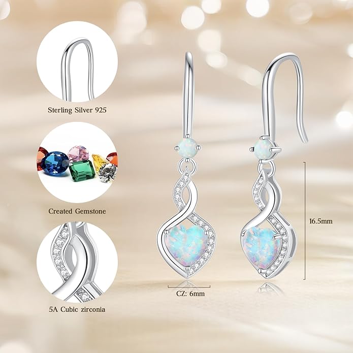 FANCIME Heart Infinity Dangle Drop Earrings 925 Sterling Silver Heart Gemstone Birthstone Earring