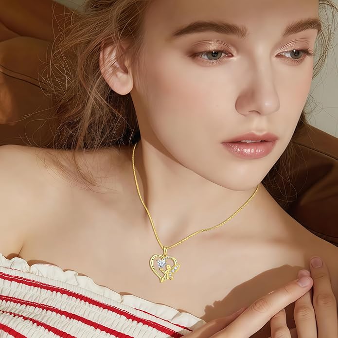 Guardian Angel Necklace 925 Sterling Silver Heart Angel Wings Pendant Birthstone Jewelry for Women