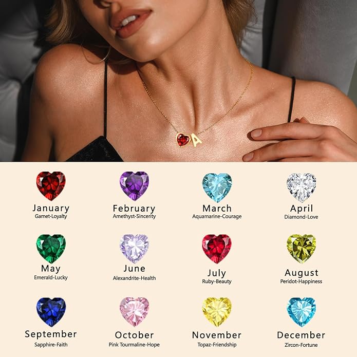 Valentines Day Gifts for Her- Heart Birthstone Initial Necklace for Women Girls,14K Gold Plated Heart Letter A-Z Necklace Birthday Trendy Jewelry Gifts for Women Girls Daughter
