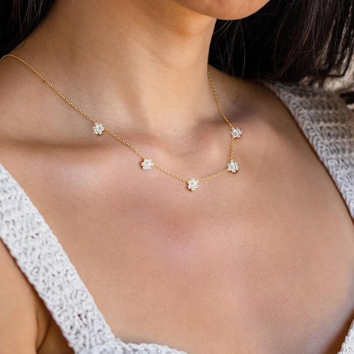 VRIUA Necklaces for Women - 14K Gold/Silver Plated Dainty Chain Necklace with Five Charms: Diamond, Bow, Snowflake, Cross, Flower, Clover, Butterfly, Heart, Star of David, and Star Trendy Jewelry