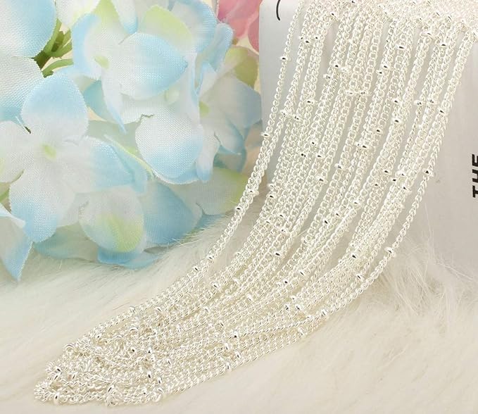 12PCS Silver Plated Brass Curb Chain Satellite Beaded Chains Bulk for Jewelry Making (18 Inch(1.5mm))