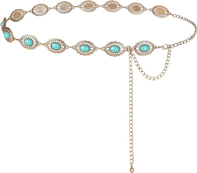 FIORETTO Metal Waist Chain Link Belt for Women Western Cowgirl Boho Turquoise Belts for Dress Jeans Country Concert Outfit