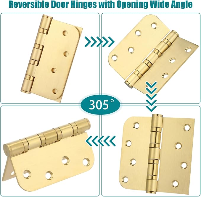 3 Pcs Gold 4'' Ball Bearing Door Hinges, Square and 5/8'' Radius Corner | - Image 6