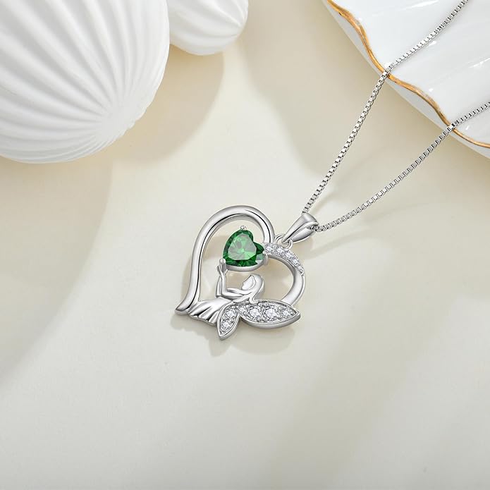 Guardian Angel Necklace 925 Sterling Silver Heart Angel Wings Pendant Birthstone Jewelry for Women