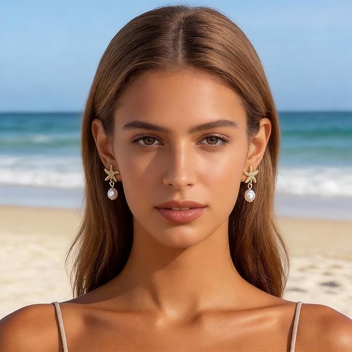Seashell Starfish Earrings Beach Jewelry for Women Pearl Drop Shell Earrings Ocean Beachy Fashion Accessories Womens Summer Outfits 2026 Tropical Vacation Outfits Beach Vacation Clothes Dresses