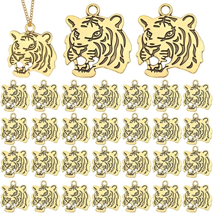 30pcs Tiger Head Charm Animal Tiger Pendants Alloy Tigers Charm Beads Dangle Charms for Jewelry Making Necklace Bracelet Keychain Earring DIY Craft Accessories
