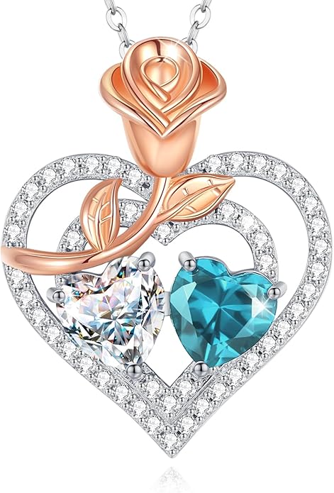 AGVANA Valentines Day Gifts Birthstone Necklace for Women Sterling Silver Rose Flower Heart Double Birthstone Jewelry Pendant Necklace Anniversary Birthday Gifts for Women Mom Wife Girlfriend Her