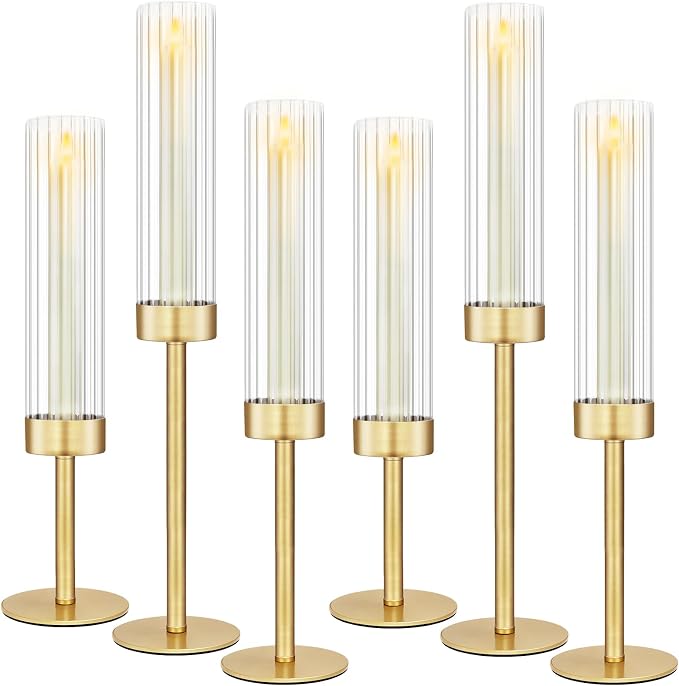 Glass Hurricane Candlestick Holders Gold, KSWING Set of 6 Taper Candle Holders - Image 9