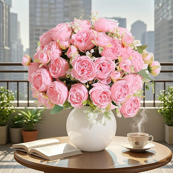 Peonies Artificial Flowers 12 Bundles Pink Flowers Bouquet, Lifelike Silk Fake by Unknown