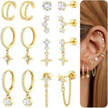 Dochais Flat Back Cartilage Earrings for Women Trendy Dainty CZ Flatback Studs Earing Sets 14k Gold Plated Hypoallergenic Huggie Hoops Earring Stacks for Multiple Piercing