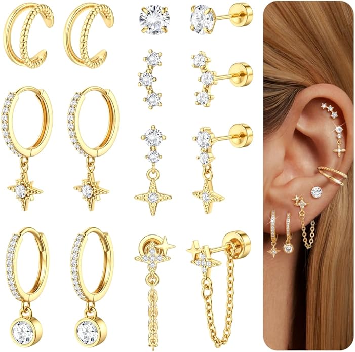 Dochais Flat Back Cartilage Earrings for Women Trendy Dainty CZ Flatback Studs Earing Sets 14k Gold Plated Hypoallergenic Huggie Hoops Earring Stacks for Multiple Piercing