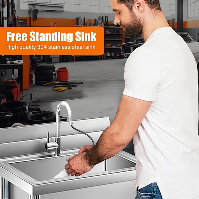 Garvee Stainless Steel Utility Sink, Commercial Kitchen Single Bowl Sink - Image 8